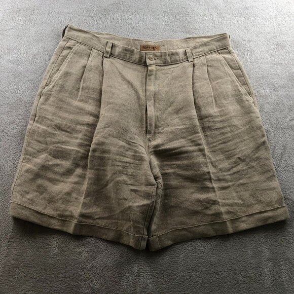 Ruff Hewn Mens Shorts Size 36W Beige 100% Linen Pleated Cuffed Casual Chino - Picture 12 of 12